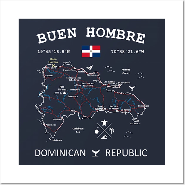 Buen Hombre Dominican Republic Flag Travel Map Coordinates GPS Wall Art by French Salsa